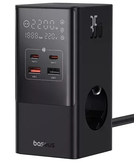 МЗП Baseus Power Combo Tower Digital Power Strip 3AC+2USB+2Type-C 35W with 1.5m Power Cord E00023606113-00 Black - фото 4