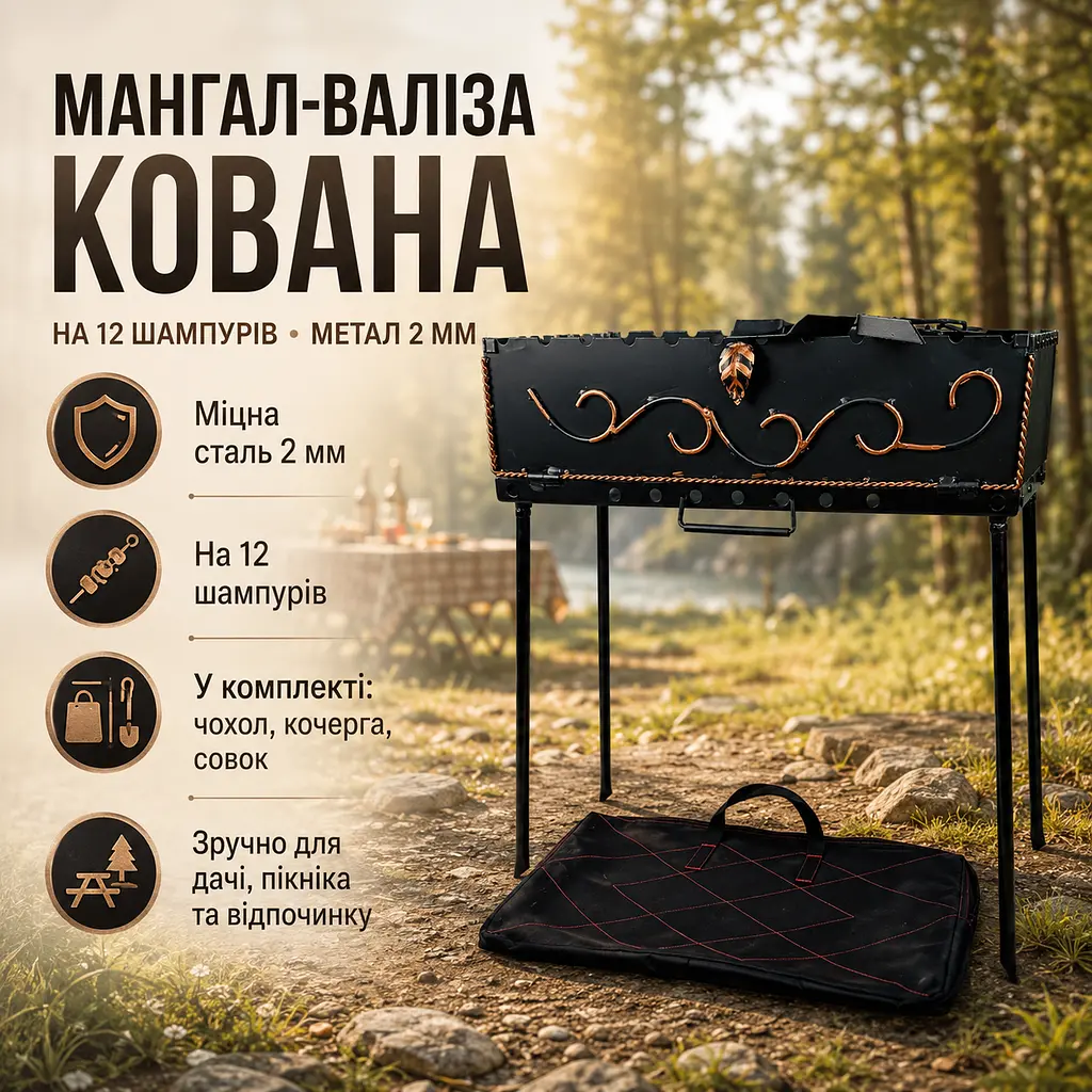 Туристичний мангал-валіза з кованими елементами в комплекті з чохлом, кочергою та совком 12 шампурів, 2 мм. - фото 2