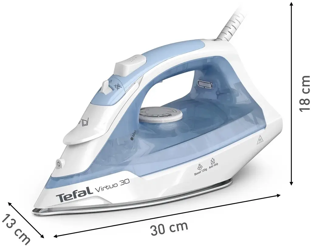 Tefal Праска Virtuo 30, 2000Вт, 240мл, паровий удар -120гр, постійна пара - 27гр, керам. підошва, біло-блакитний - фото 3