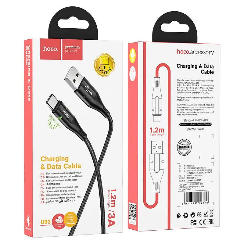 Кабель HOCO U93 USB to Type-C 3A, 1.2m, нілон, алюмінієві connectors, light indicator, Чорний - фото 2