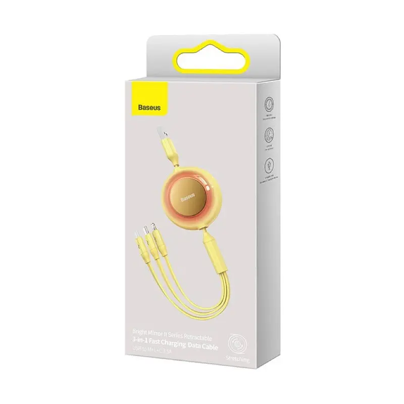 Кабель Baseus Bright Mirror 2 Series Retractable 3 in 1 Fast Charging Data Cable USB to M+L+C 3.5A 1.1 м желтый - фото 2