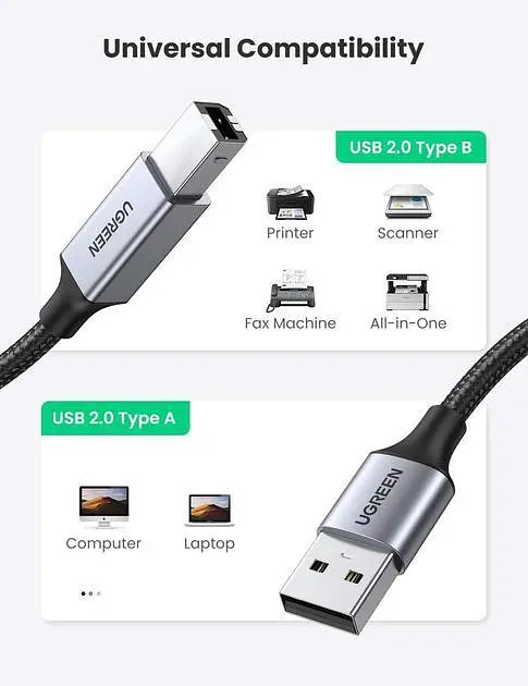 Кабель UGREEN US369 USB 2.0 to USB type B USB Printer Cable для принтерів, сканерів, БФП 1.5 м Black (80802) - фото 2