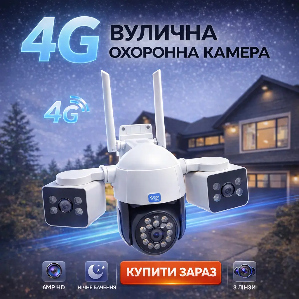Вулична 4G IP-камера V380 Pro з 3 лінзами панорамне відеоспостереження 360° з нічним баченням без сліпих зон - фото 2