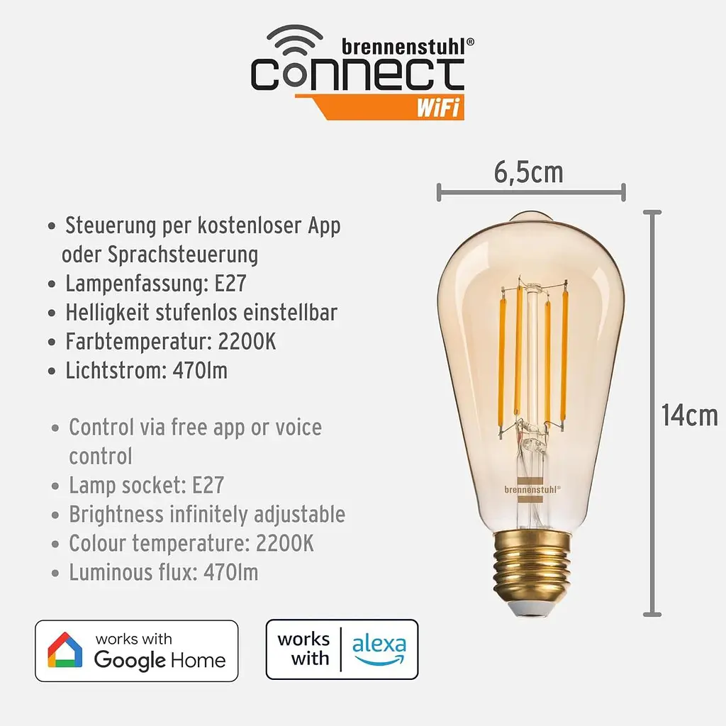 Вінтажна лампочка Brennenstuhl Connect WiFi Filament LED Lamp Edison (вінтажна лампочка, сумісна з Amazon Alexa та Google Assistan - фото 3
