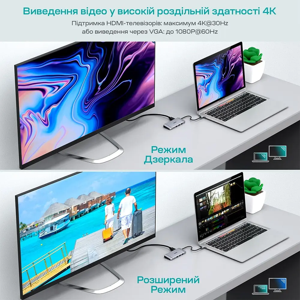 USB-C хаб 9-в-1 Choetech M15 HDMI 4K\30Hz, VGA, 3 USB3.0, RJ45, USB-C PD, SD-card, TF-card (43-00153) - фото 7