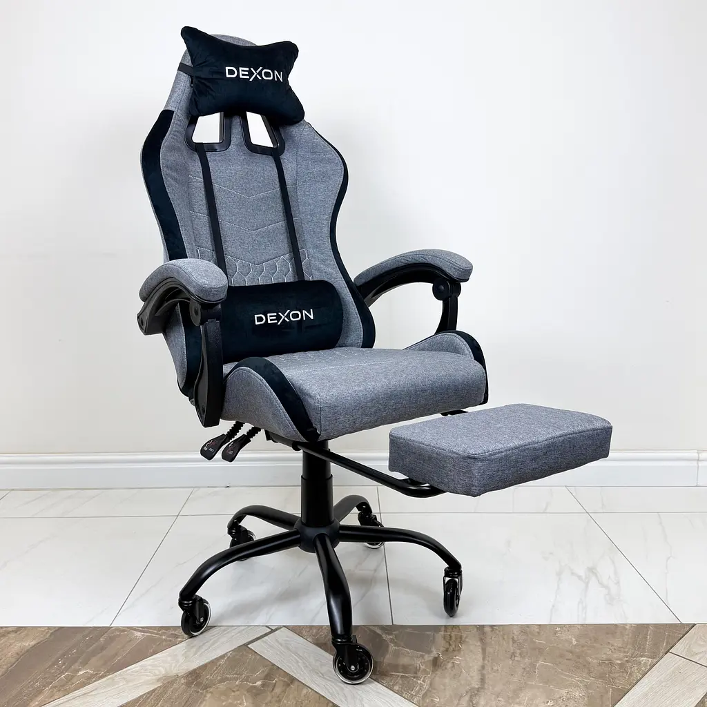 Геймерське крісло DEXON ORION X з підставкою для ніг, з тканини+подушки велюр, металева хрестовина, Темно-Сірий - фото 4