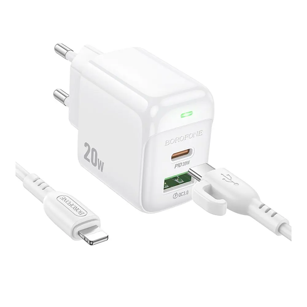 Зарядний комплект Borofone BAS44A 1Type-C /1USB PD/QC 20W 5V/3A Type-C to Lightning 1 м White (35138_3345029) - фото 3
