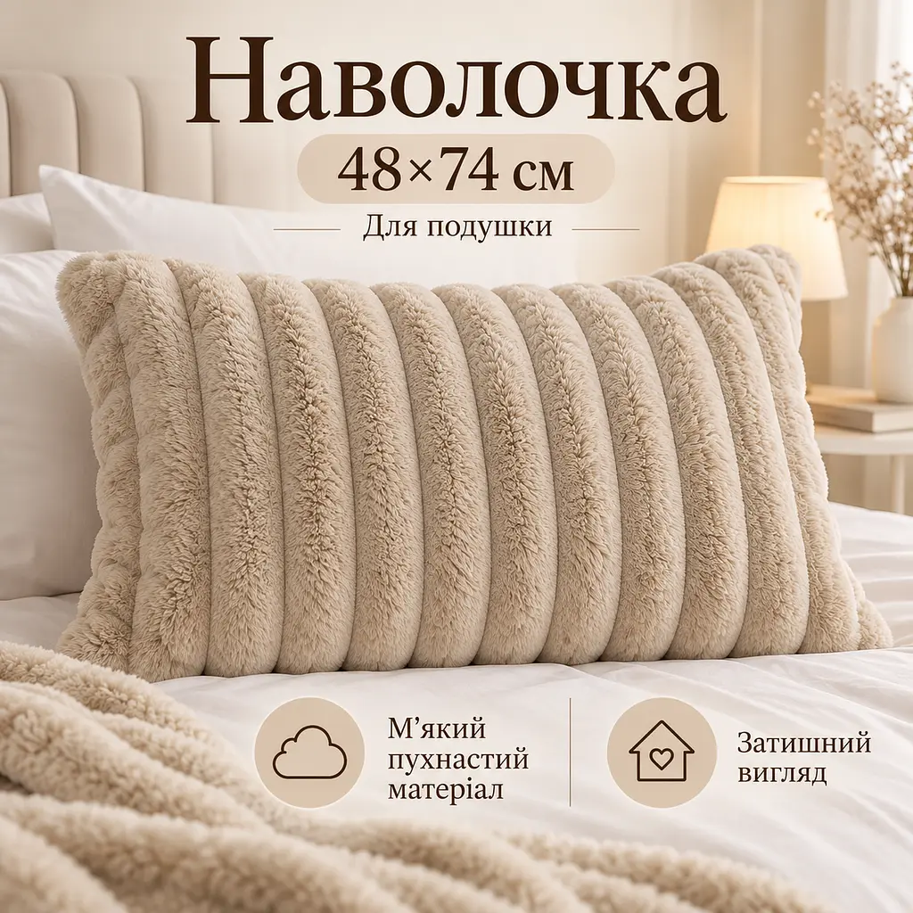 М'яка плюшева хутряна наволочка Solve бежева 48 x 74 см (KT9001011)  - фото 6