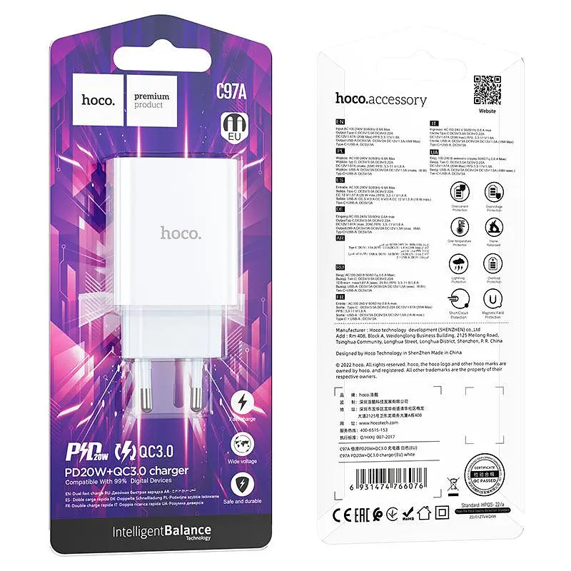Сетевое зарядное устройство Hoco C97A PD20W + QC3.0 charger (EU) Белый - фото 3