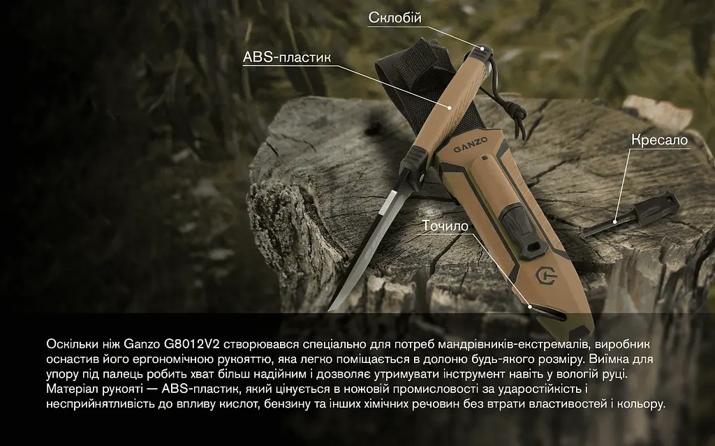 Ніж з фіксованим лезом Ganzo (G8012V2-DY) коричневий - фото 9