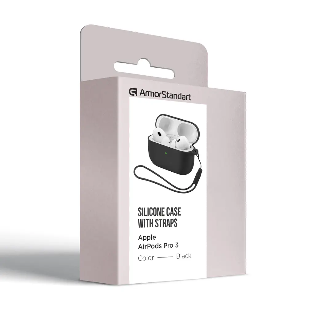 Силіконовий чохол для навушників Apple AirPods Pro 3, Silicone Case with straps, чорний, захисний чохол з ремінцем, ультратонкий і легкий, повний захист, з підвіскою, м"який силікон, ArmorStandart (ARM88291) - фото 2