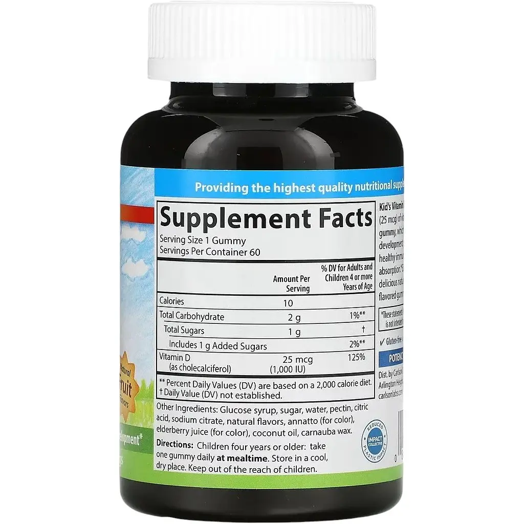 Вітамін D3 дитячий  Carlson Kid's Vitamin D3 Gummies 1000 МО смак фруктів 60 вегетаріанських жувальних цукерок - фото 2