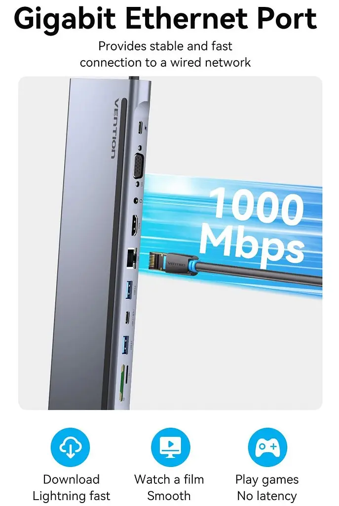 Док-станція Vention USB3.1 Type-C -- HDMI/VGA/USB-C/USB3.0x3/RJ45/SD/TF/TRRS 3.5mm/PD 100W 11in1 (THTHC) - фото 7