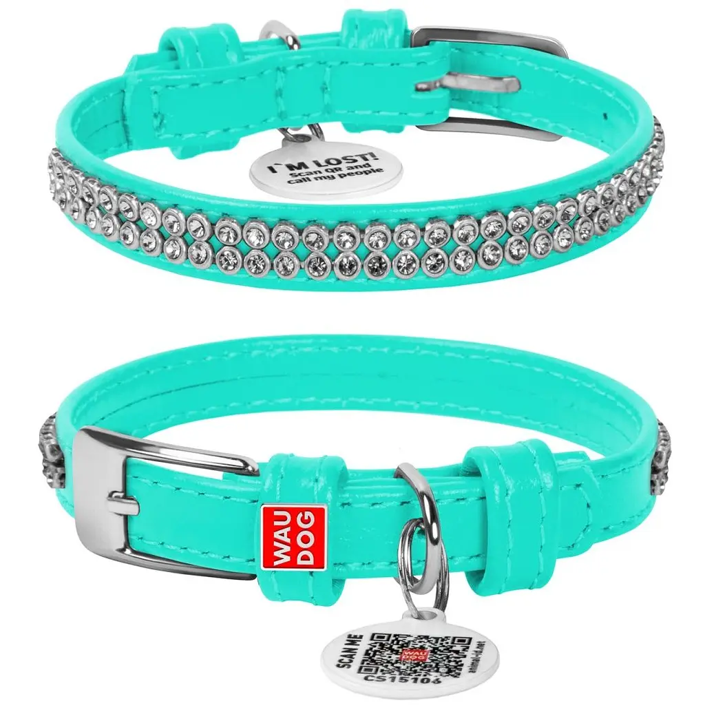Нашийник для собак Waudog Glamour, шкіряний, зі стразами, з QR паспортом, S, 21-29х1,2 см, ментоловий - фото 3