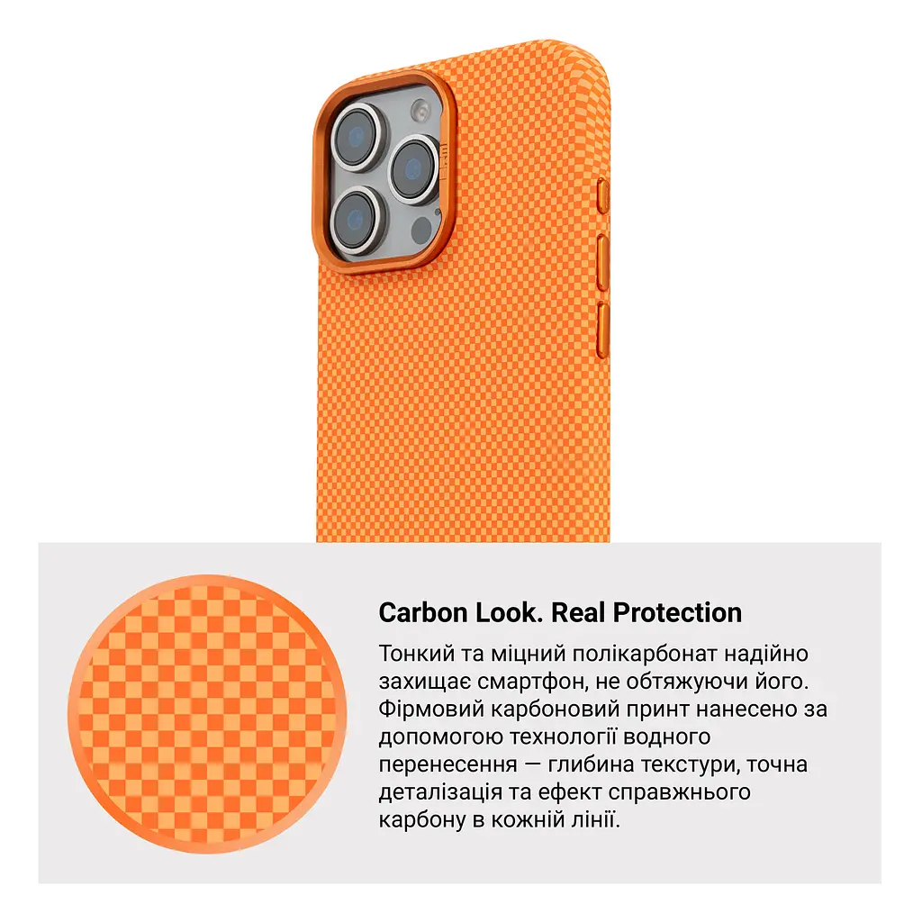 Карбоновый чехол для Apple iPhone 16 Pro, LikeCarbon2 MagCase, оранжевый, тонкий защитный чехол-панель из поликарбоната с магнитами N52, MagSafe, противоударный, совместим с беспроводной зарядкой, приподнятые края для защиты камеры - фото 7