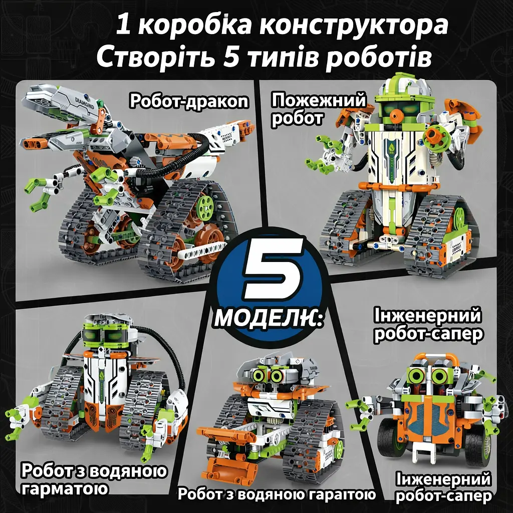 Конструктор робот программируемый STEM-робот 5 в 1 Builder PRO с пультом и приложением робот-трансформер для детей на радиоуправлении, 539 деталей - фото 3