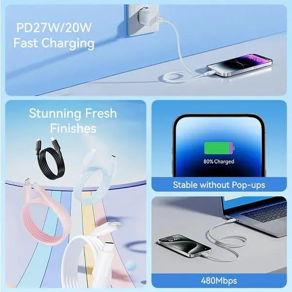 Кабель Vention USB 2.0Type-C M-LightningM,1.0 м,PD 27W,PVC, голубий (LAKSF) - фото 3