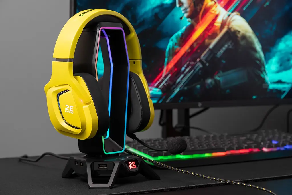 Навушники ігрові з мікрофоном 2E GAMING HG340 Yellow, mini-jack/dual 3.5mm, RGB, 2 м - фото 2