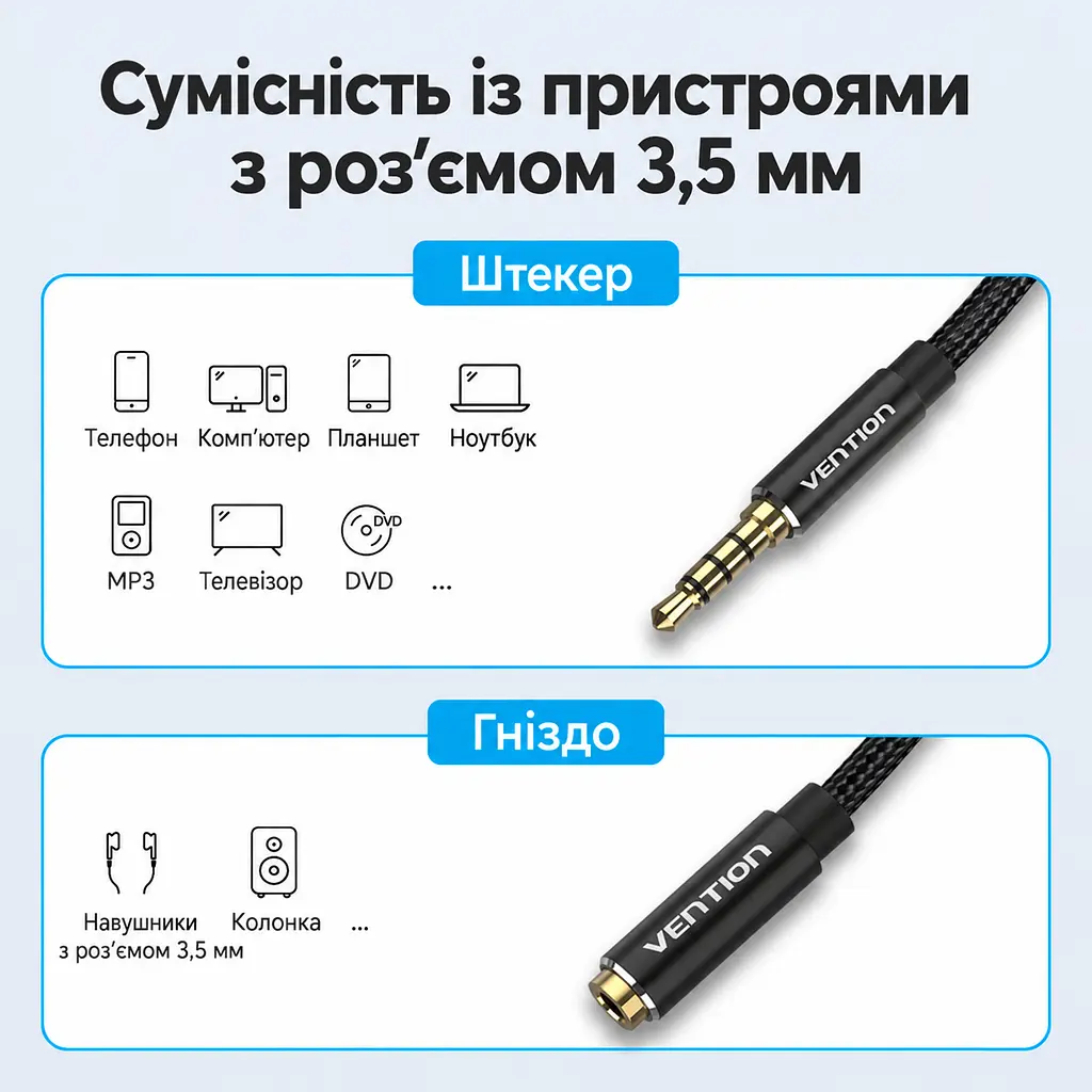 Аудіокабель-подовжувач Vention 5 м від штекера TRRS 3,5 мм до гнізда TRRS 3,5 мм з бавовняним обплетенням підходить для використання з телефоном у чохлі та підтримує мікрофон і керування на дроті за умови сумісності TRRS-роз’ємів на пристрої та гарнітурі чорний із золотистими контактами (BHCBJ) - фото 8
