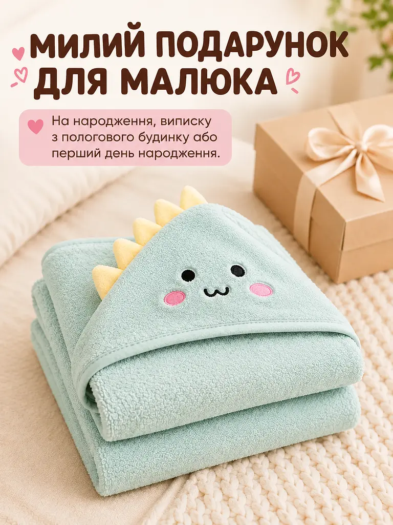Дитячий рушник пончо з кутиком дитяче з капюшоном для купання немовлят дівчинки хлопчика 80х80 см зелений - фото 8