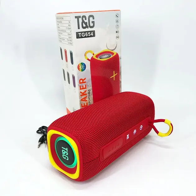 Портативна акумуляторна 16W Bluetooth колонка BT/USB/TF/FM з ремінцем та світломузикою 18см TG 654 червона - фото 2