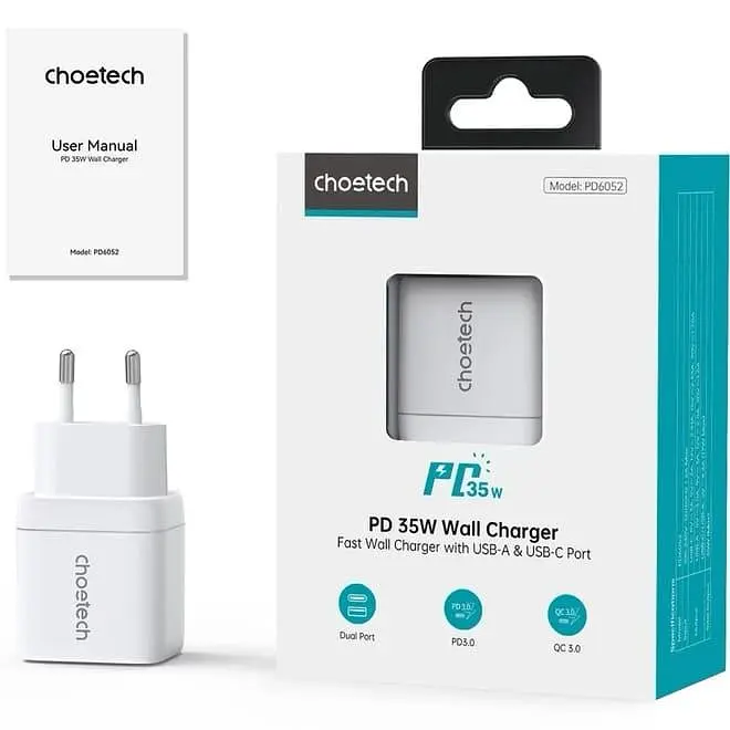 Мережевий зарядний пристрий Choetech PD6052-EU-WH USB-A/USB-С - фото 3