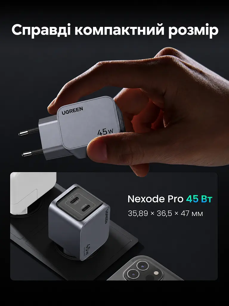 Мережевий зарядний пристрій UGREEN Nexode Pro X707 2 порти USB-C до 45 Вт сумарно PD 3.0 QC 4.0+ PPS Samsung Super Fast Charging 2.0 (35008) - фото 3