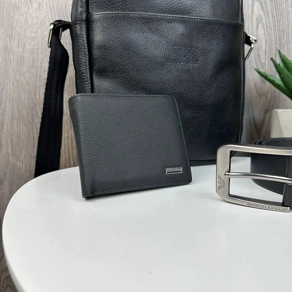 Набір сумка чоловіча через плече шкіряна чорна + ремінь шкіряний + гаманець - фото 3