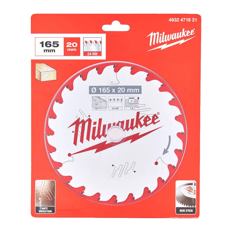 Диск пиляльний по дереву PFTE THIN KERF MILWAUKEE, діаметр 165х20х1,6мм, 24 зуб. - фото 2