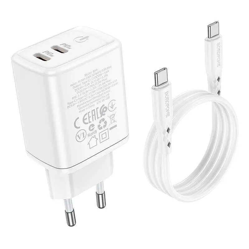 Адаптер мережевий BOROFONE Type-C to Type-C cable Reacher dual port set BN9 35вт білий - фото 3
