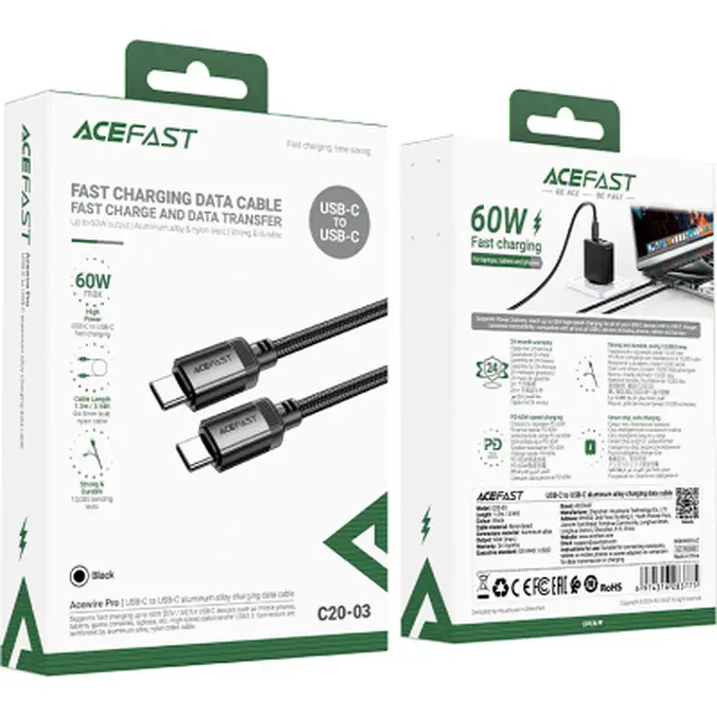 Дата кабель USB-C to USB-C 1.2m 3A aluminum alloy C20-03 Black Acefast (6974316283775) - фото 5