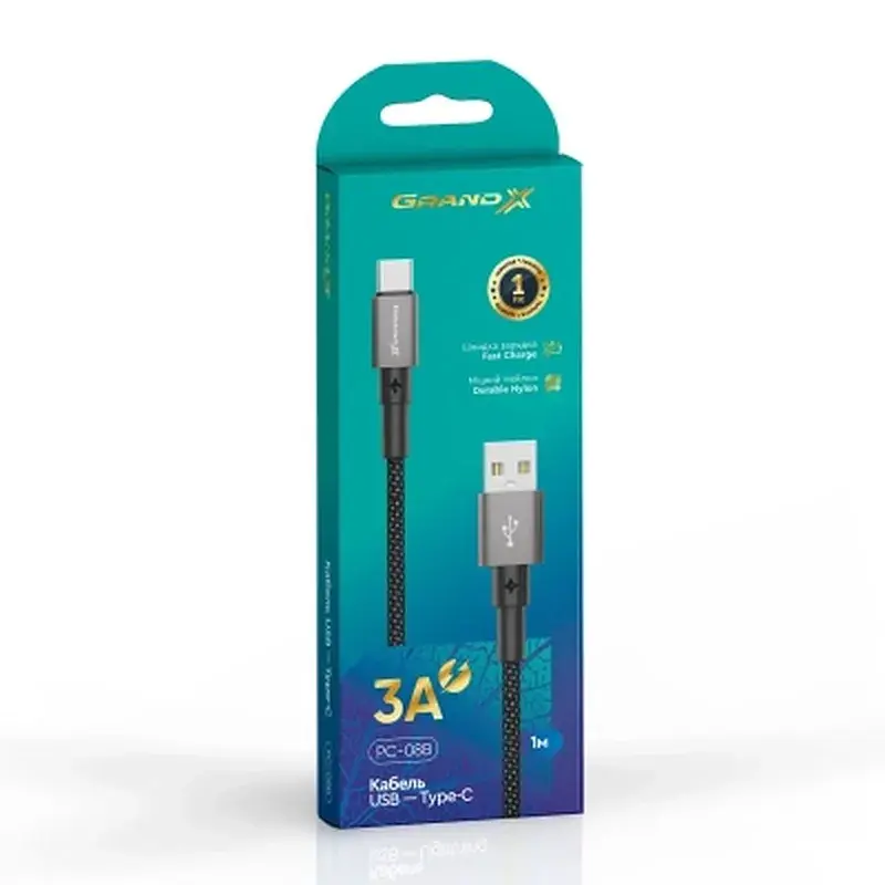 Дата кабель USB 2.0 AM to USB-C 1.0m 3A nylon black Grand-X (PC-08B) - фото 4