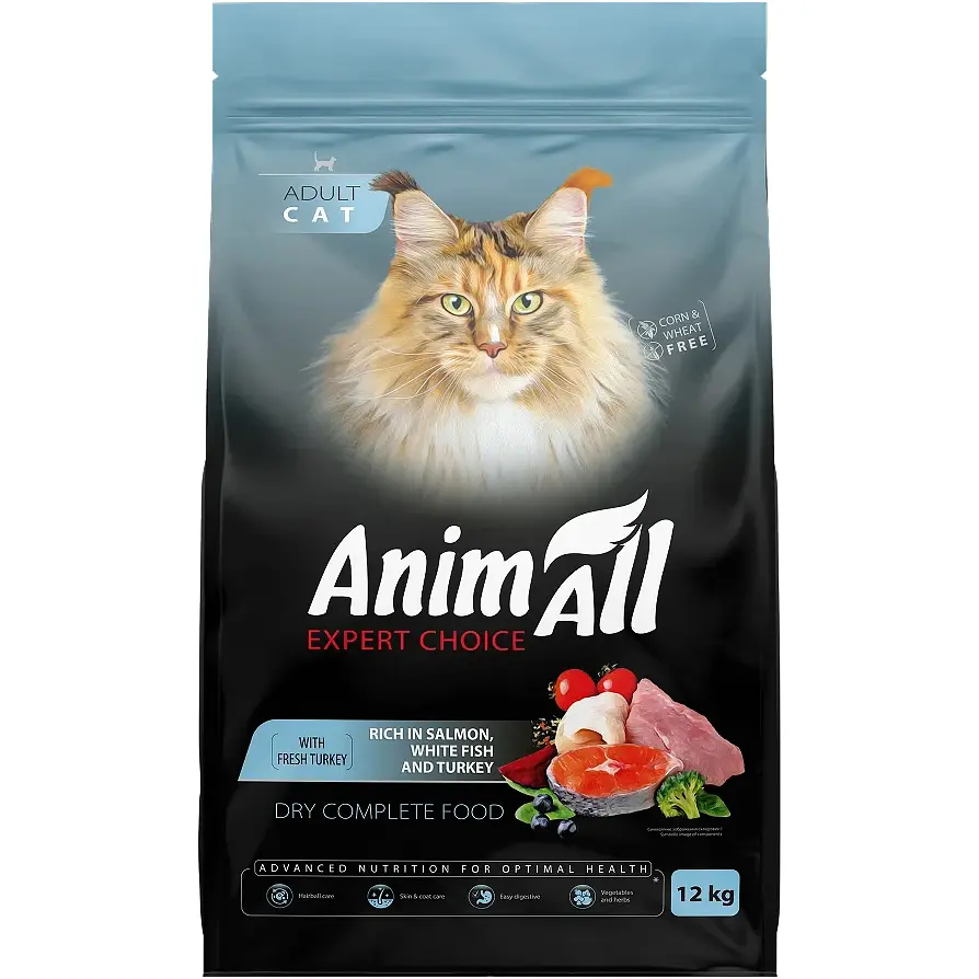 Повнораціонний сухий корм для котів AnimAll з лососем, білою рибою та свіжою індичкою 12 кг