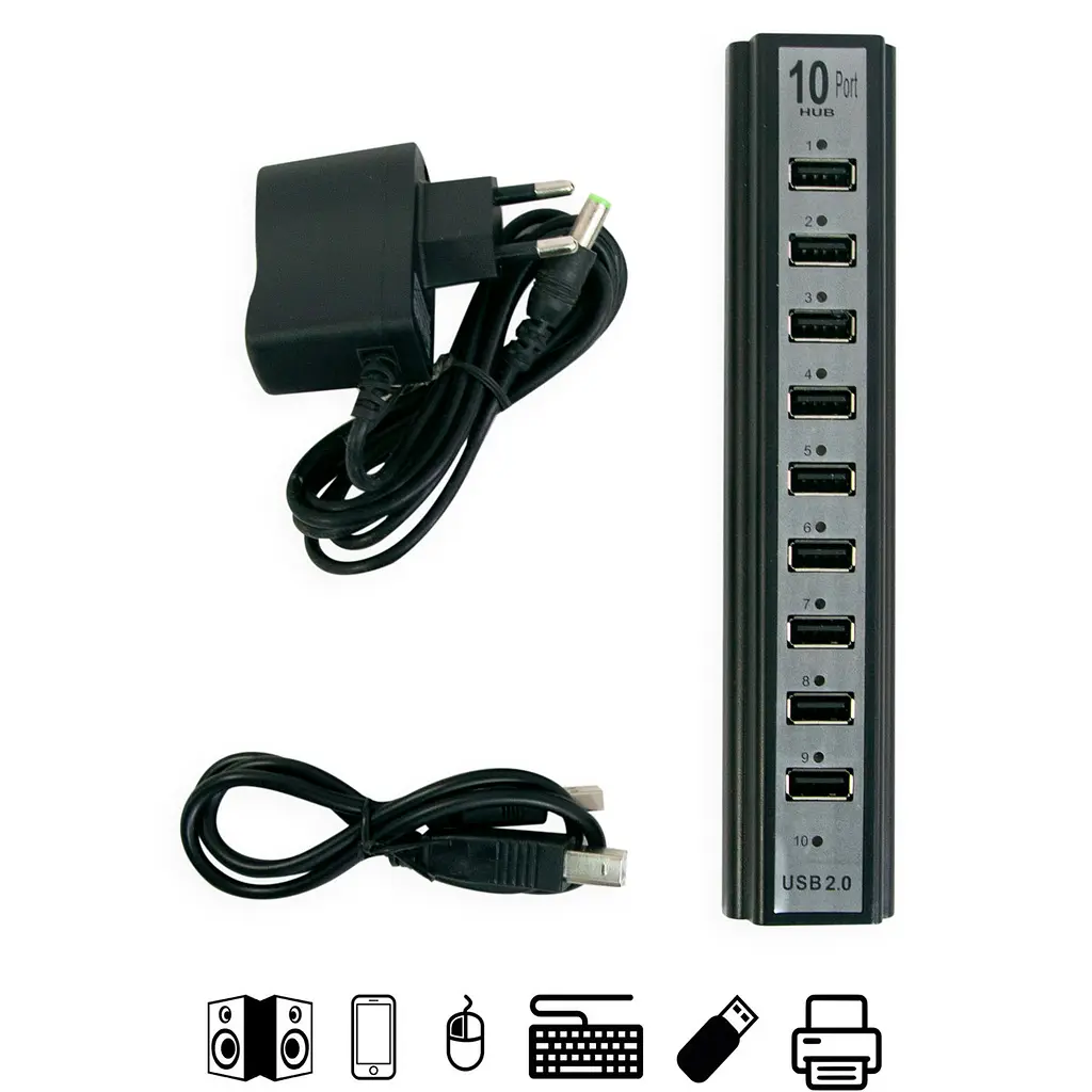 Розгалужувач USB на 10 портів, чорний, настільний концентратор з блоком живлення - фото 2