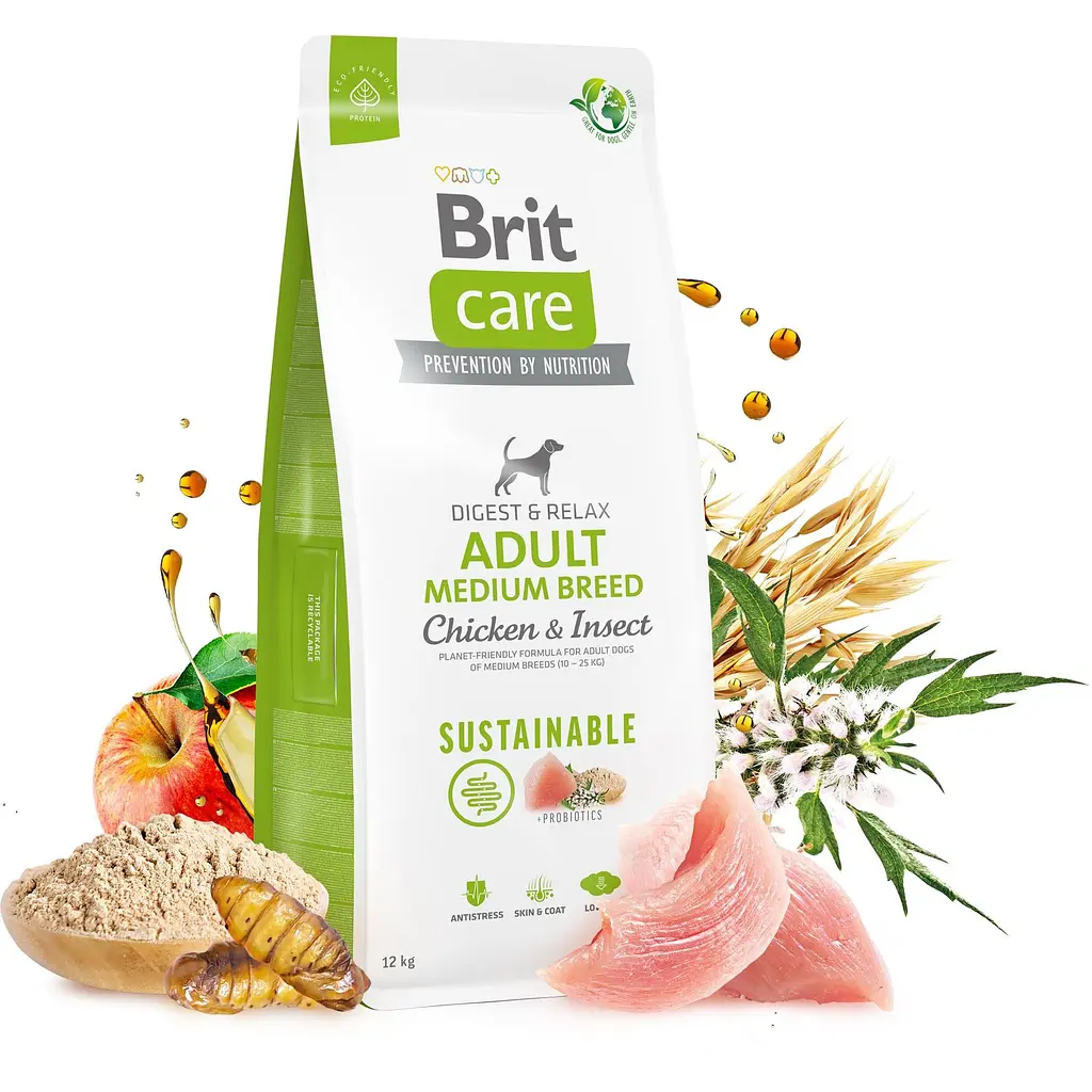 Сухой корм для собак средних пород Brit Care Dog Sustainable Adult Medium Breed, с курицей и насекомыми, 12 кг - фото 2