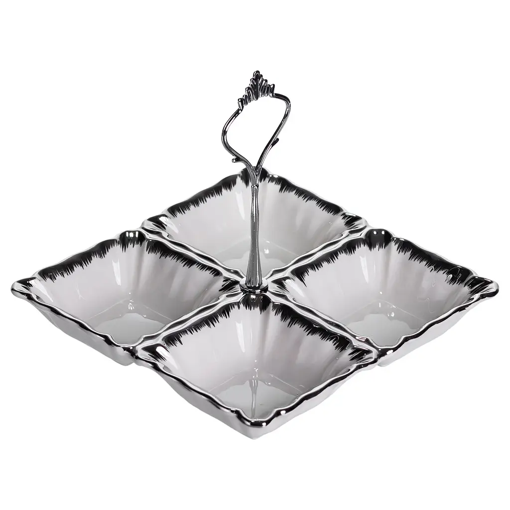 Менажница фарфоровая на 4 секции для закусок тарелка 18×18×3 (см) с ручкой Белый с серебром Yiwu LC-BYL-100-S - фото 2