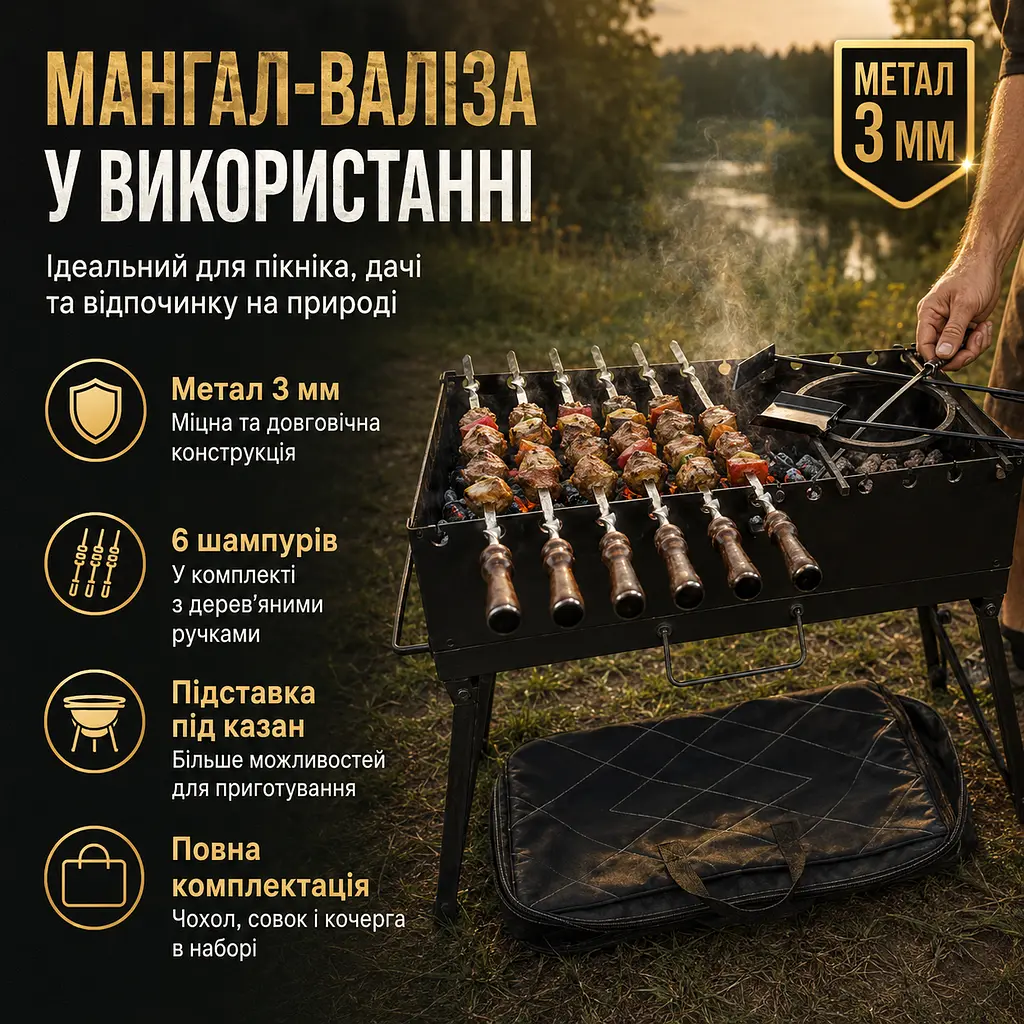 Мангал-валіза 3 мм з 6 шампурами, підставкою під казан, чохлом, кочергою та совком 60×30×47 см - фото 5