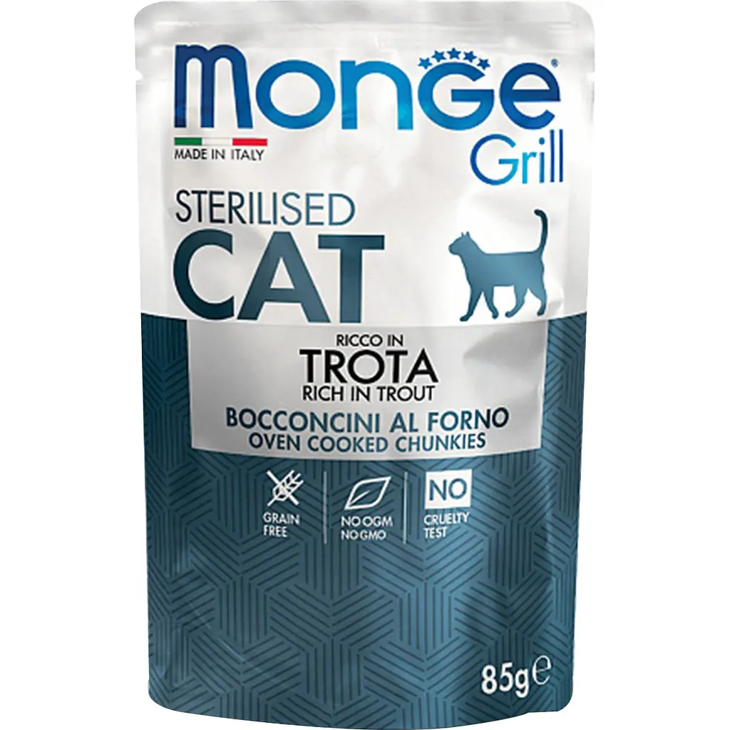 Вологий корм для стерилізованих котів Monge Cat Grill Wet Sterilised Trota шматочки з фореллю на грилі 85 г
