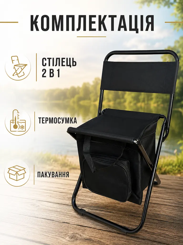 Складаний туристичний стілець із термосумкою до 100 кг 35×28×59 см чорний (49676084) - фото 7