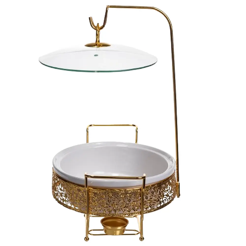 Мармит фарфоровый настольный овальный 2 л на подставке Золотистый Yiwu YL-75 - фото 2