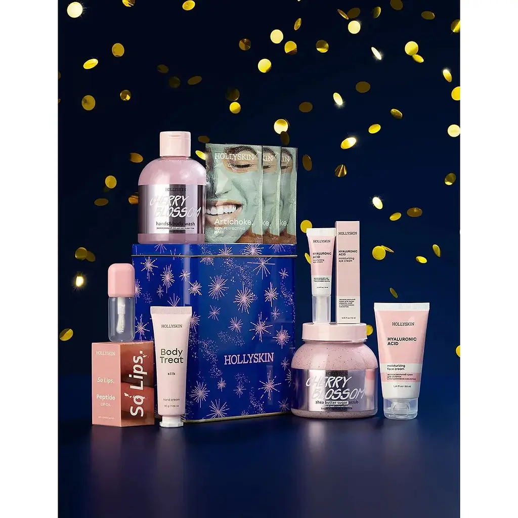 Подарунковий набір Hollyskin Midnight Bloom: Гель для душу 300 мл + Скраб для тіла 300 мл + Крем для обличчя 50 мл + Крем для шкіри навколо очей 10 мл + Крем для рук 30 г + Набір ліфтинг масок 10 г + Олія для губ 4 мл - фото 2