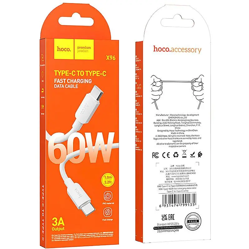 Дата кабель Hoco X96 Hyper Type-C to Type-C 60W (1m) White - фото 2