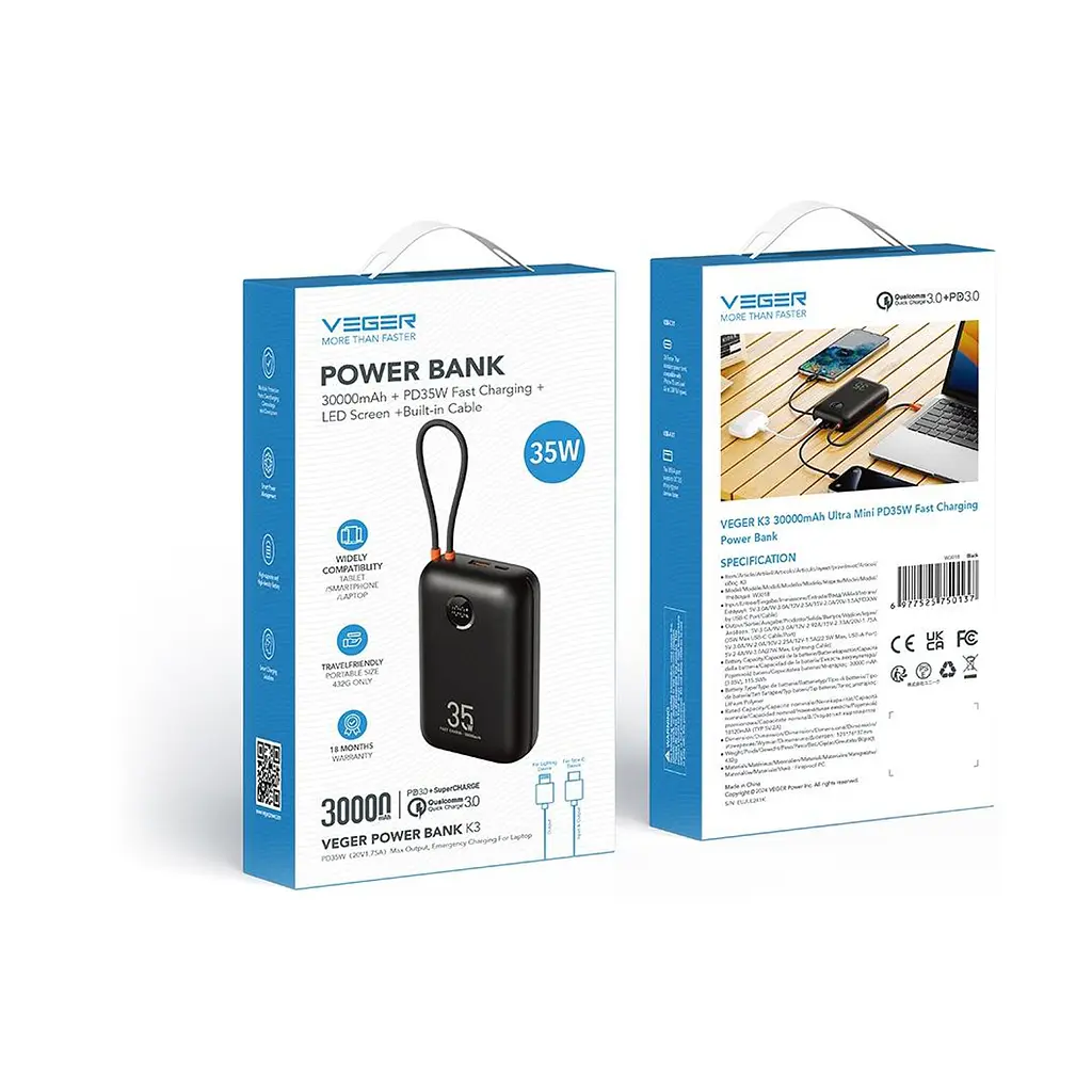УМБ VEGER K3 Built-in Cables PD 35W 30000mAh Black (W3018) (6977525750137) - фото 5