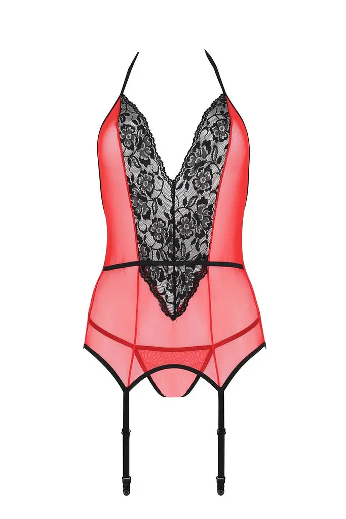 Корсет з пажами для панчох Passion Peonia CORSet S/M red стрінги - фото 3