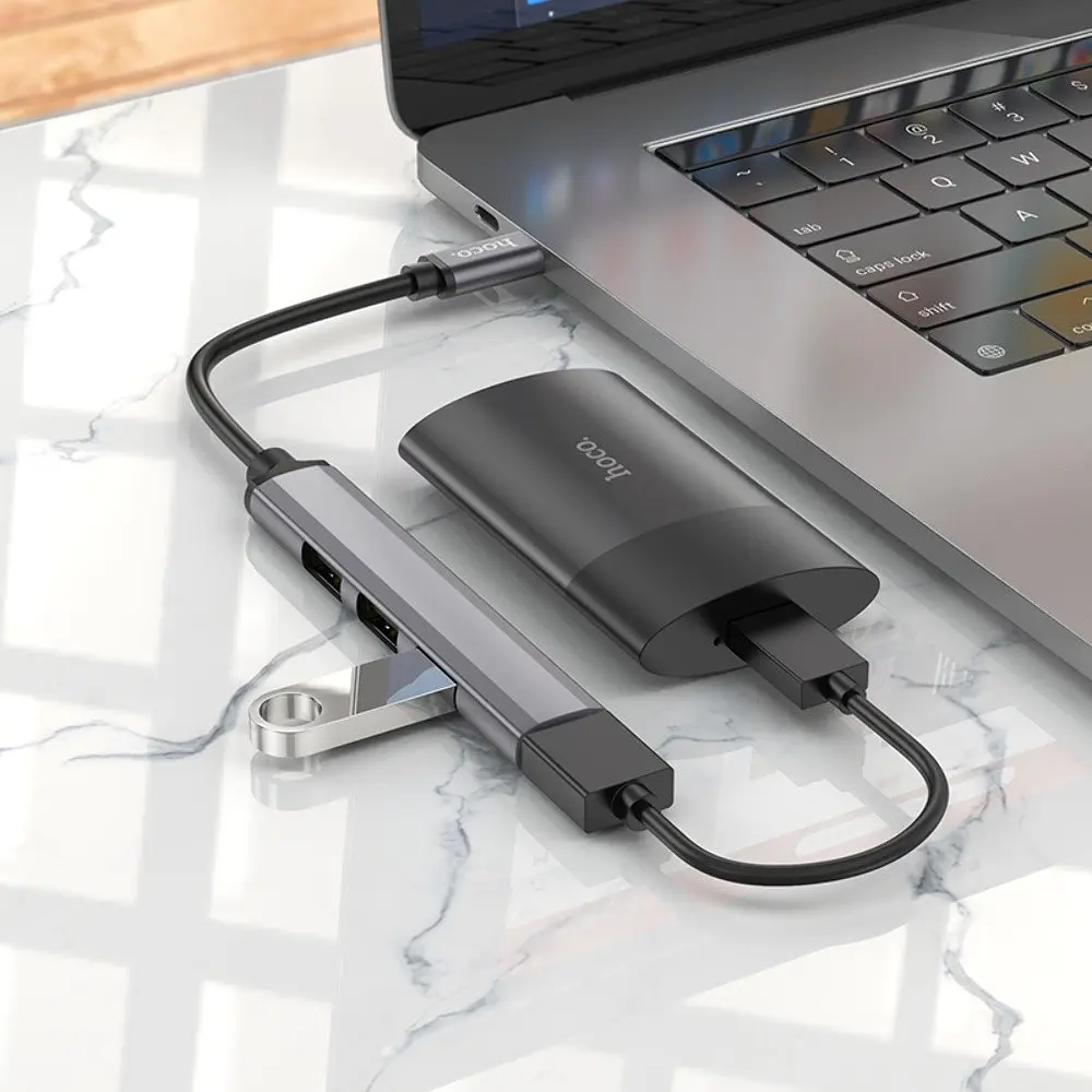 Мульти адаптер хаб Hoco HB26 4в1 Type-C to USB 3.0 F/ 3 USB 2.0 F 0.13 м темно-сріблястий - фото 2