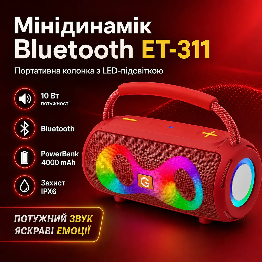 Мінідинамік Bluetooth LED ET-311 з підсвіткою, портативна бездротова колонка - фото 2
