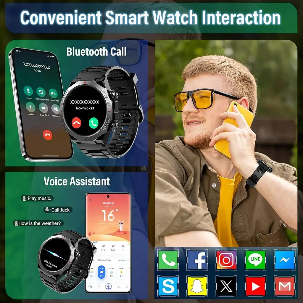 Смарт-годинник Qecnato Military 1.39" HD з Bluetooth-дзвінками, 110+ спортивними режимами та IP68 чорний - фото 5