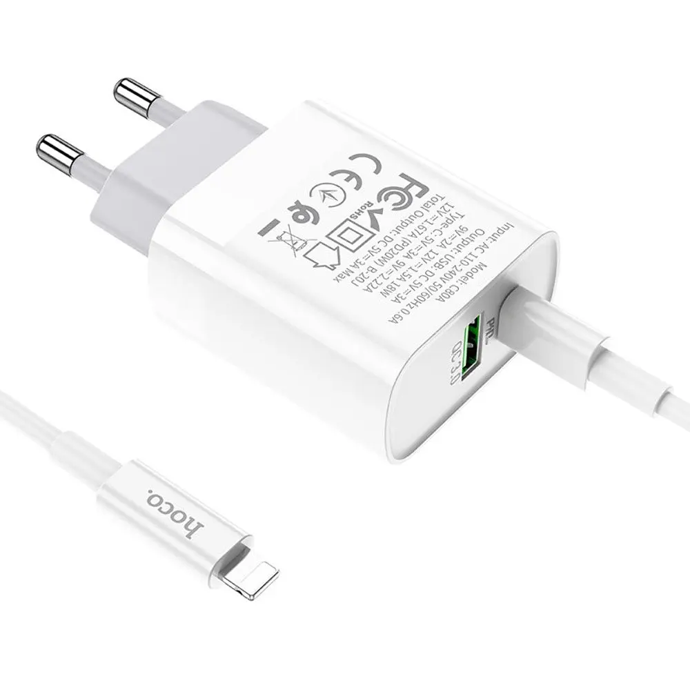 Зарядний пристрій Hoco C80A USB/ Type-C QC PD 20W білий + кабель Type-C to Lightning - фото 4