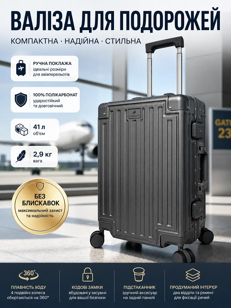 Валіза маленька для ручної поклажі S Madisson Snowball 66503 S 53x37x22 см 100% полікарбонат Сірий - фото 3