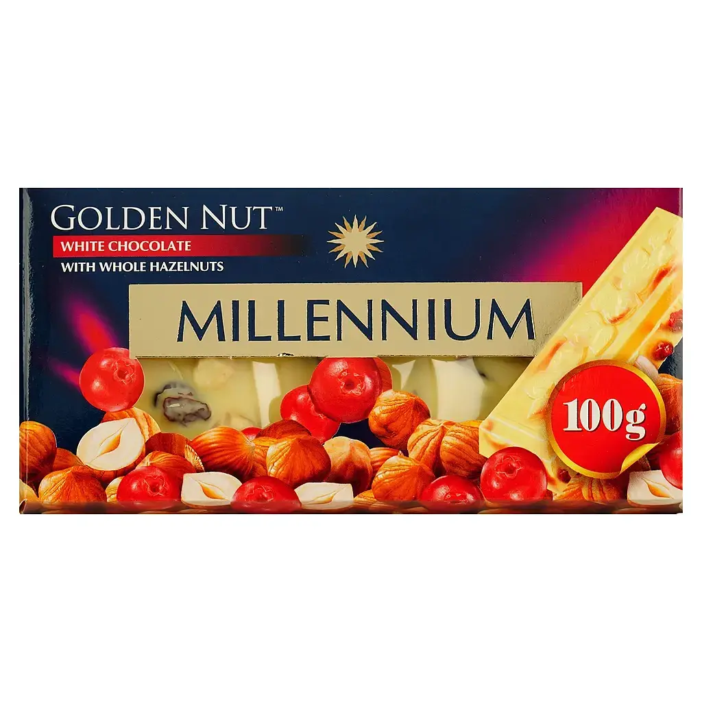 Шоколад Millennium Gold білий з цілісним горіхом та журавлиною 100 г